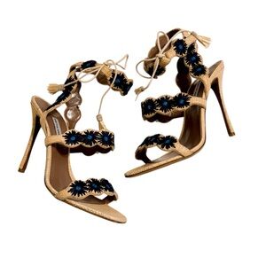 Tabitha Simmons Iris Natural Raffia Marine Flower Heeled Sandals Rattan Size 39